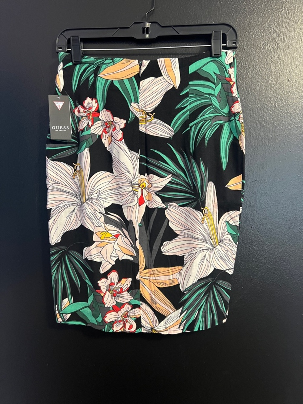 Guess? Tropical Floral Pencil Skirt - Black with Green & Cream Blooms - Picture 2 of 3